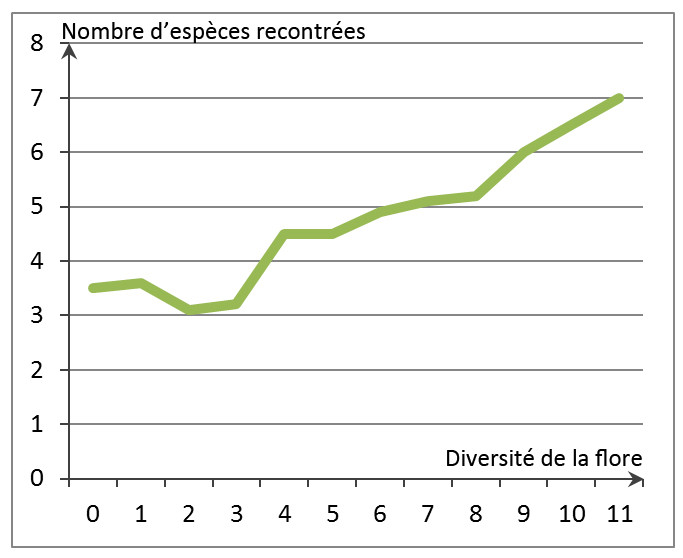 Graphique montrant le lien entre la diversité floristique dans le jardin et le nombre d’espèces rencontrées. 