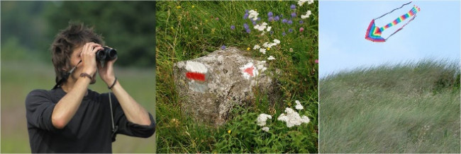 La biodiversité participe au bien être humain. A gauche un ornithologue (spécialiste des oiseaux) en pleine observation, au milieu, une balise du sentier de randonnée du tour du Cézallier et à droite un cerf-volant au dessus d’une dune. 