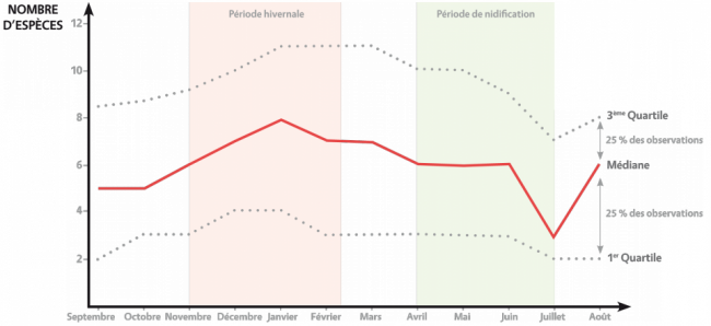 Graphique du nombre d'espèces médian en France en fonction des mois de l'année